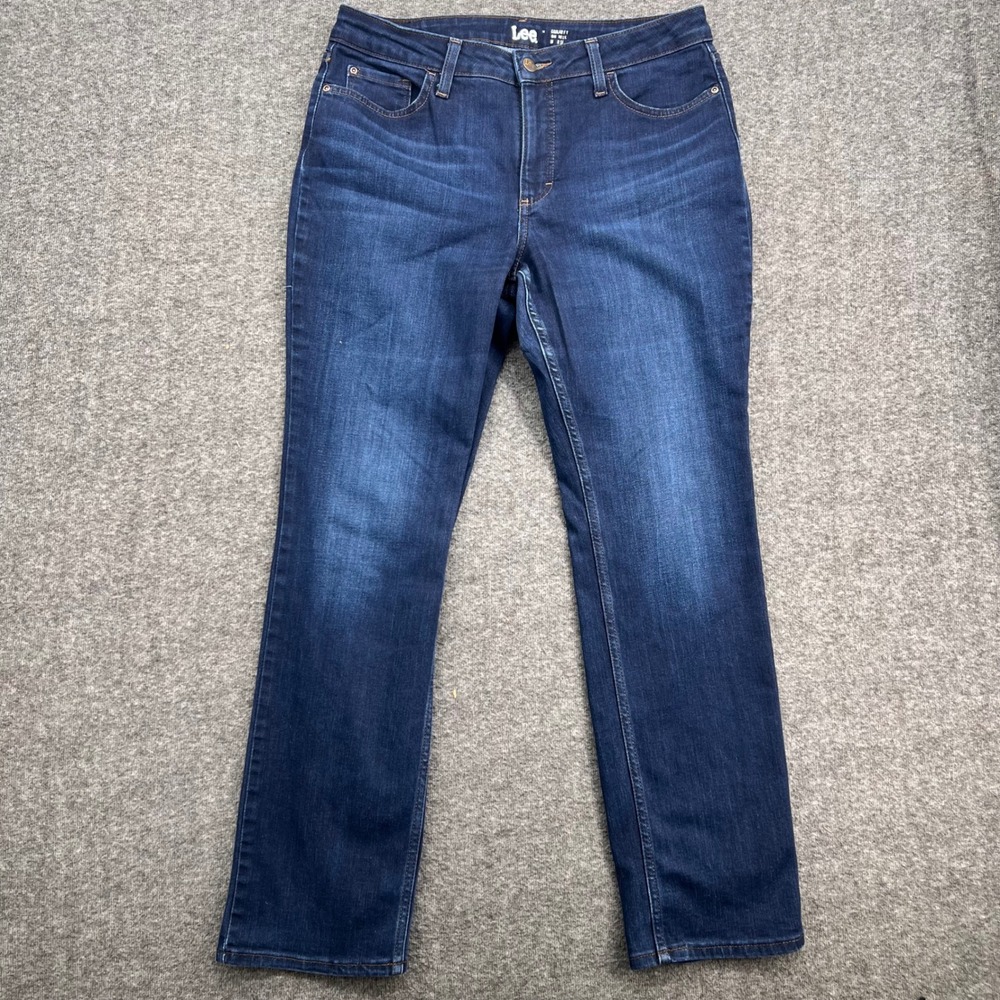 Lee Regular Fit Straight Leg Mid Rise Dark Wash Blue Denim Jeans Womens 14M